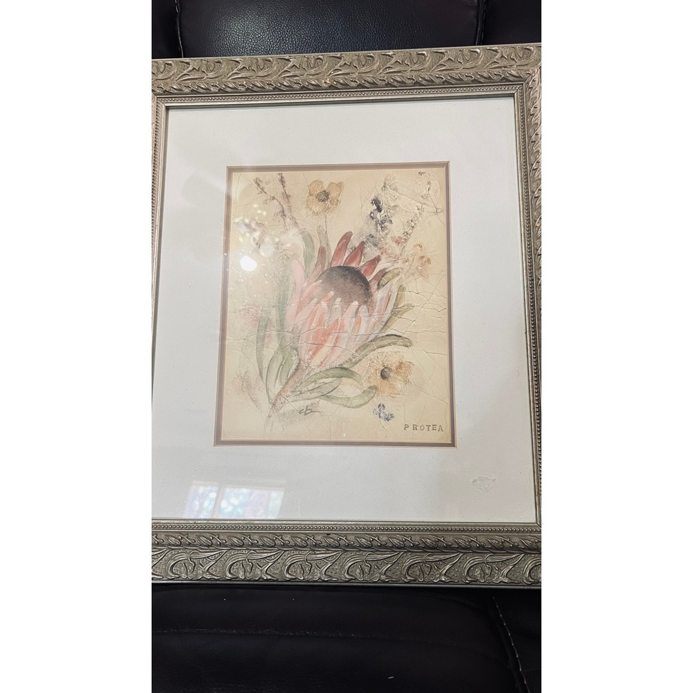 Cheri Blum Protea Floral Art Print Unisex Large Gold Silver Framed Vintage 1999